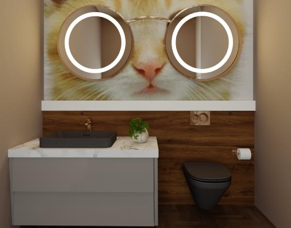 Two round mirror with Kohler bathroom sink and Toilet 